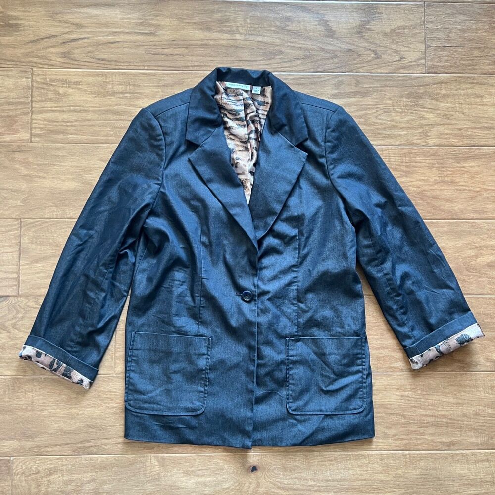 Susan Graver Denim Look Boyfriend Jacket Blazer w/ Animal Print Lining Size M